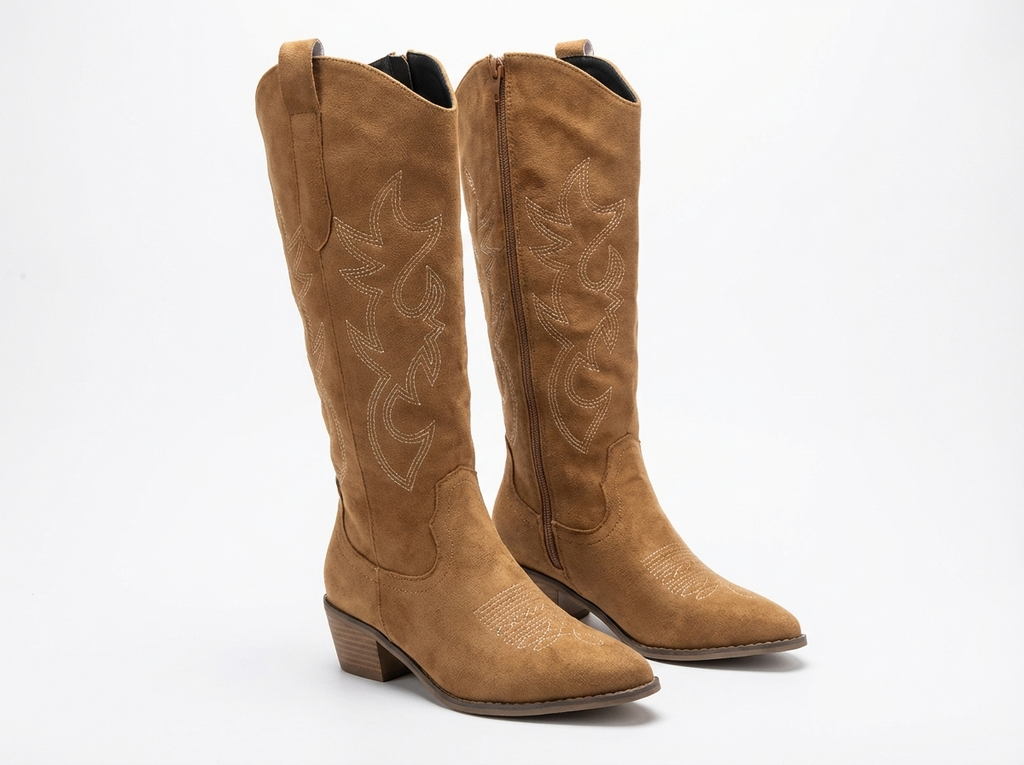 Santiag mi-haute camel Simili Cuir Femme - Broderies western, talon carré
