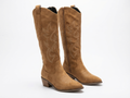 Santiag mi-haute camel Simili Cuir Femme - Broderies western, talon carré