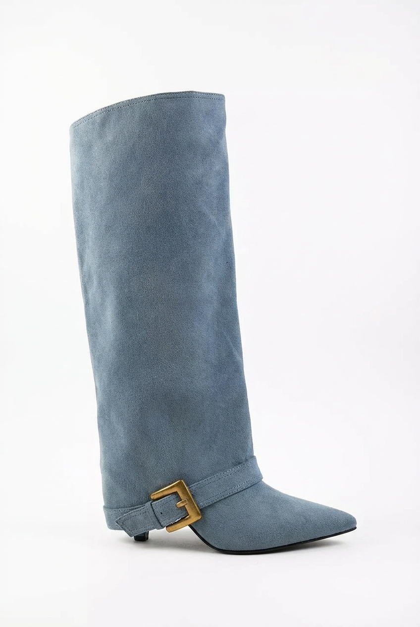 Santiag haute bleu Daim Synthétique Femme - Boucle dorée, bout pointu