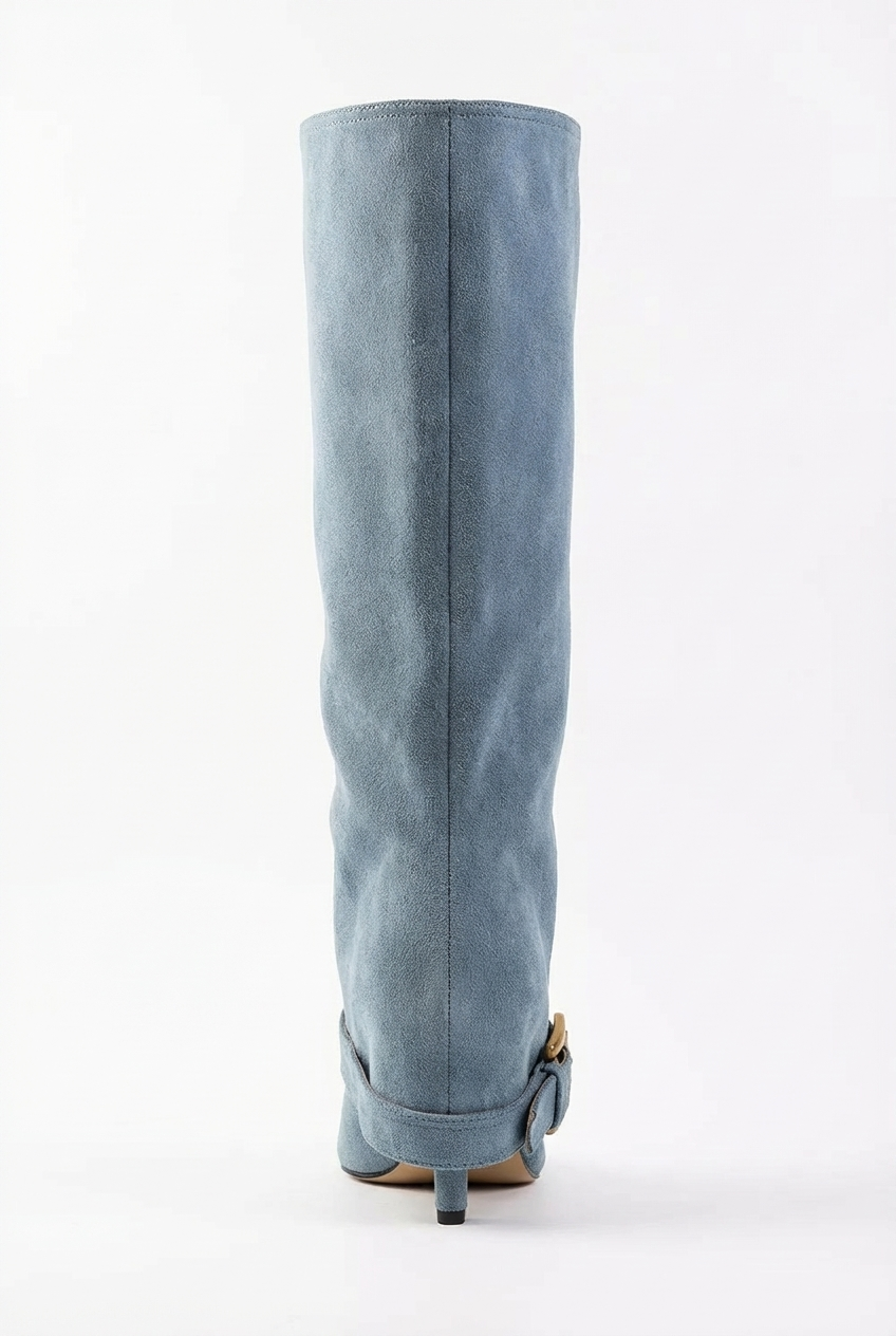 Santiag haute bleu Daim Synthétique Femme - Boucle dorée, bout pointu