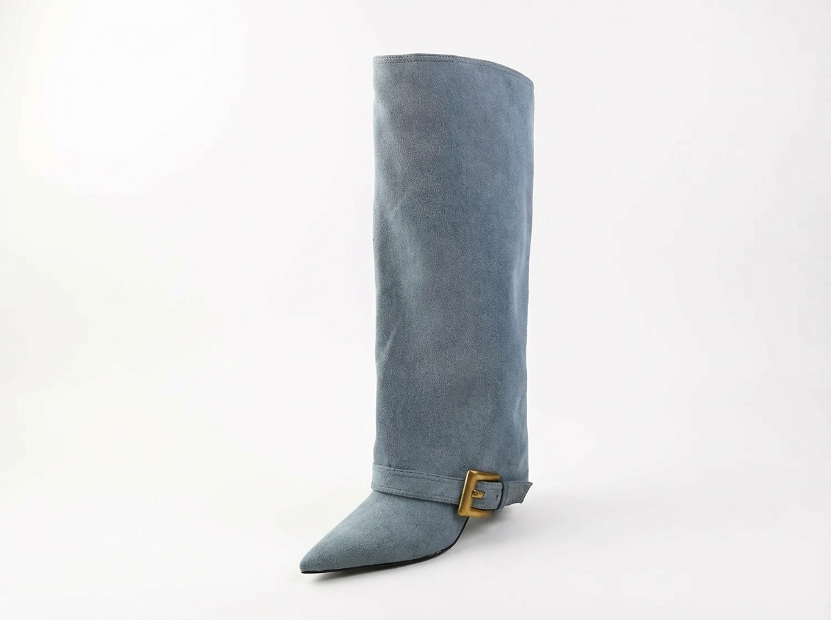 Santiag haute bleu Daim Synthétique Femme - Boucle dorée, bout pointu