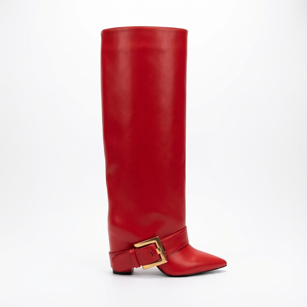 Santiag haute rouge Simili Cuir Femme - Boucles dorées