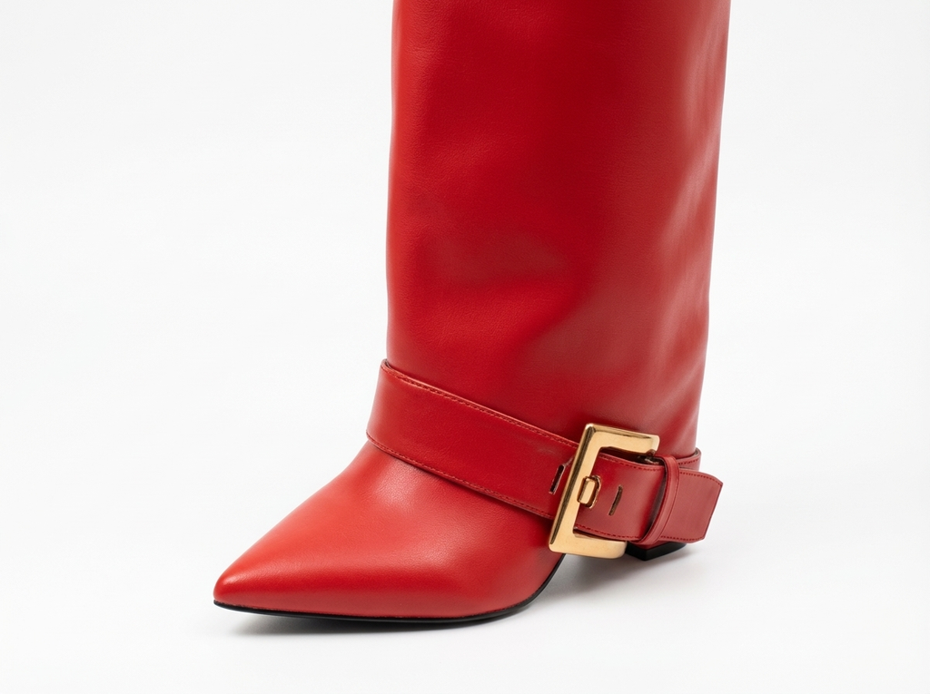 Santiag haute rouge Simili Cuir Femme - Boucles dorées