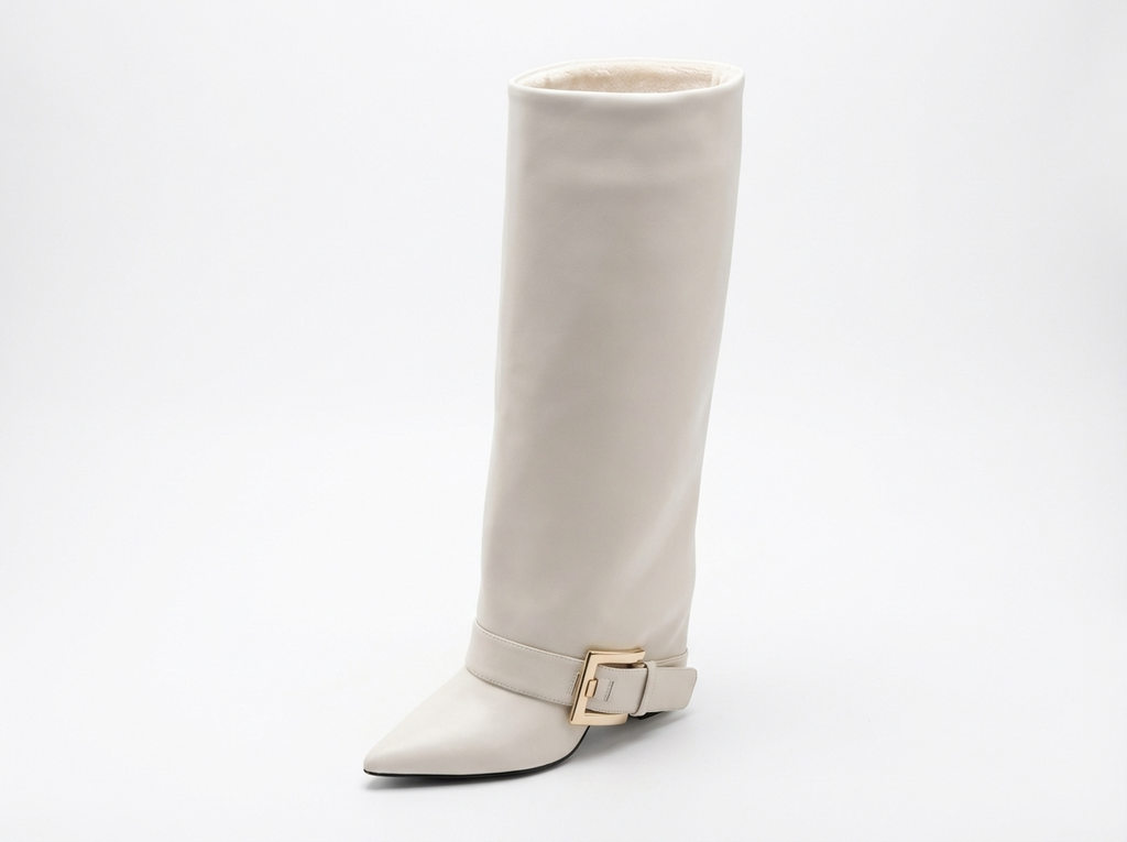 Santiag haute blanc Synthétique Femme - Bout pointu, boucle dorée