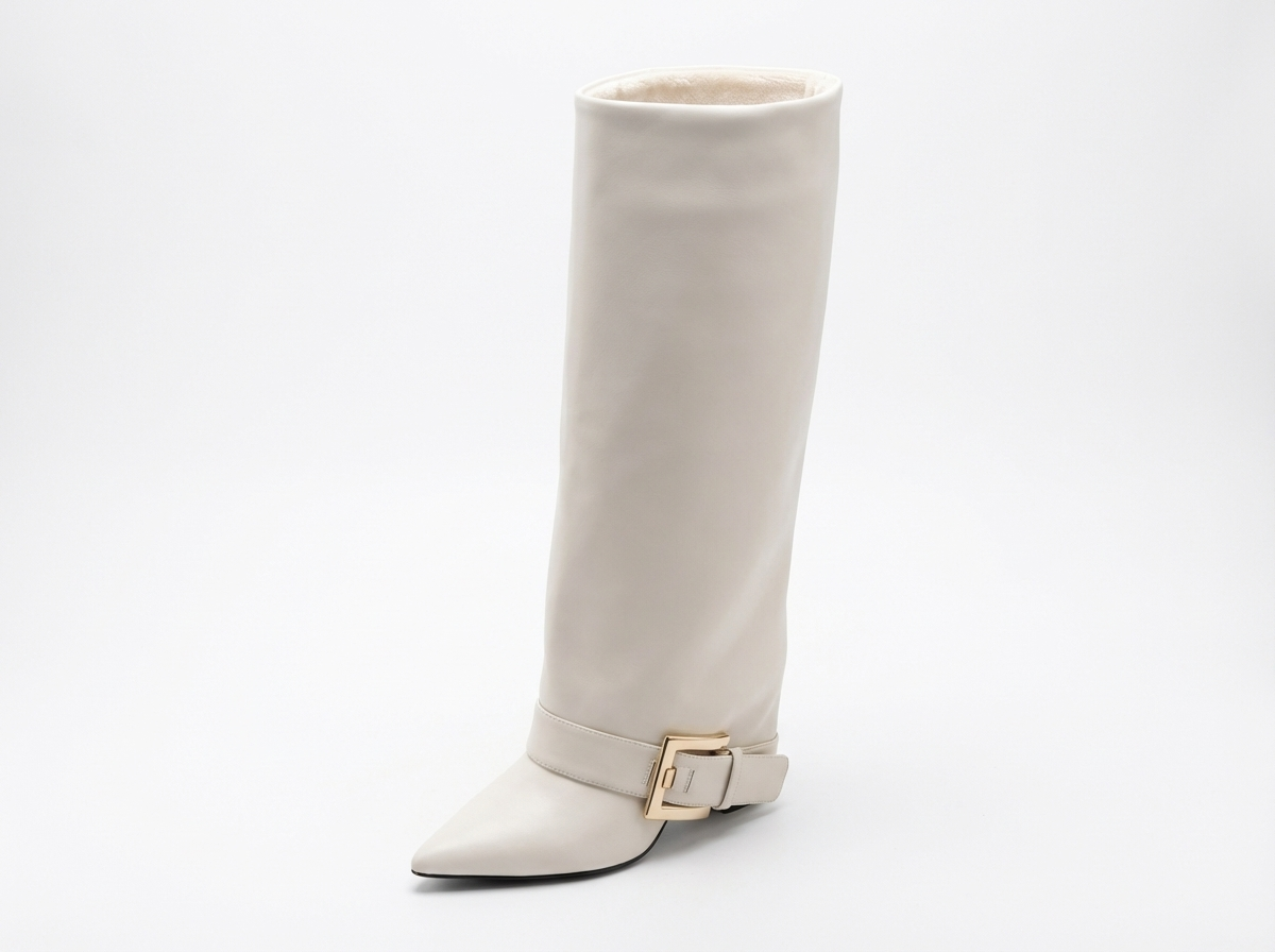Santiag haute blanc Synthétique Femme - Bout pointu, boucle dorée