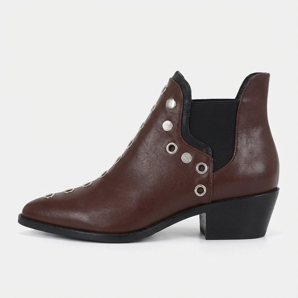 Santiag mi-haute marron Simili Cuir Femme - Œillets et clous, talon bas