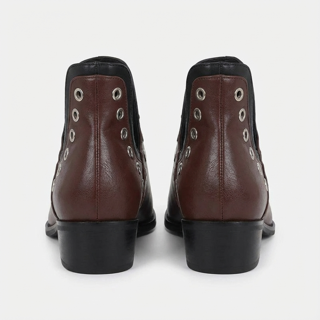 Santiag mi-haute marron Simili Cuir Femme - Œillets et clous, talon bas