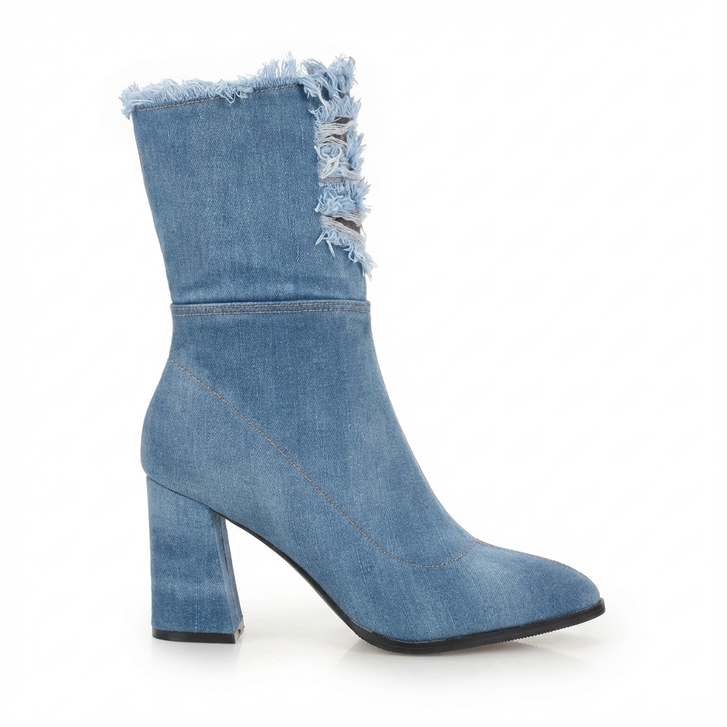 Bottine à talon Synthétique Femme - Franges, denim