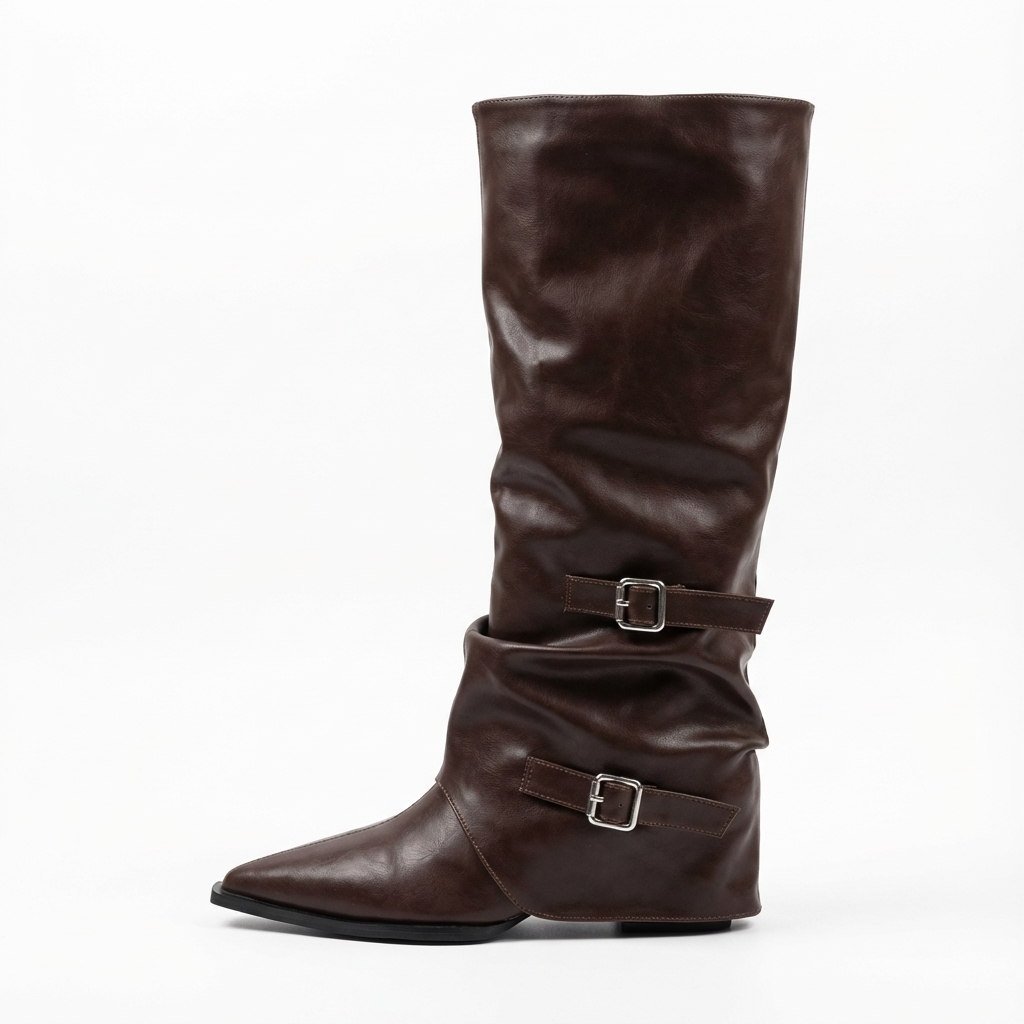 Santiag haute marron foncé Simili Cuir Femme - Boucles métalliques