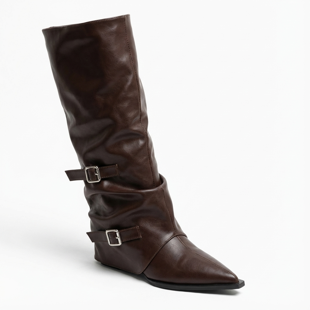 Santiag haute marron foncé Simili Cuir Femme - Boucles métalliques
