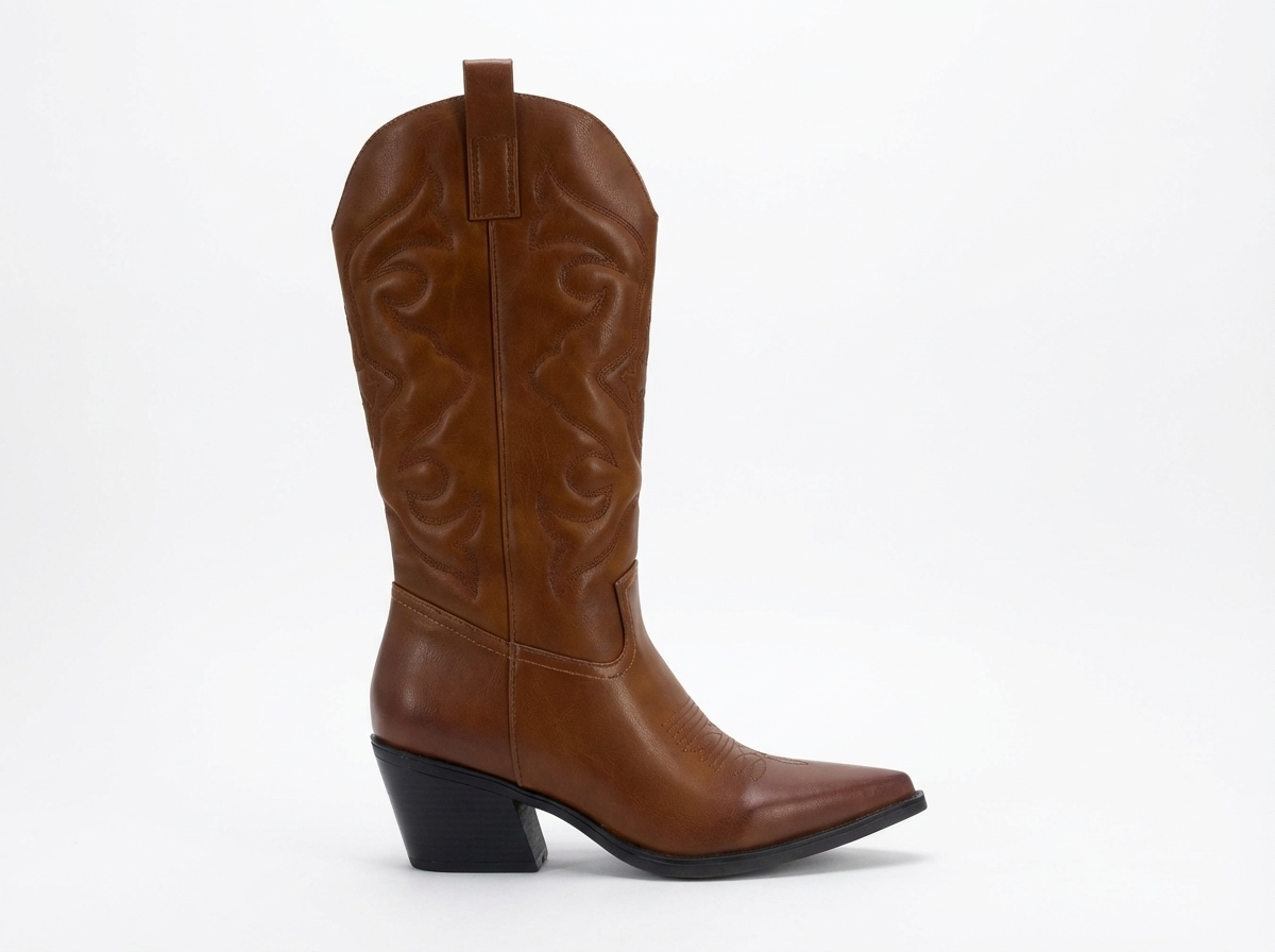 Santiag mi-haute marron Simili Cuir Femme - Bout pointu, broderies