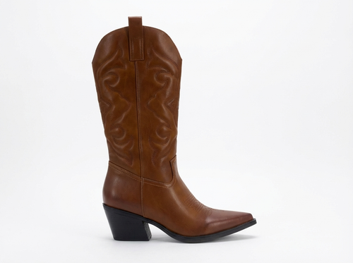 Santiag mi-haute marron Simili Cuir Femme - Bout pointu, broderies