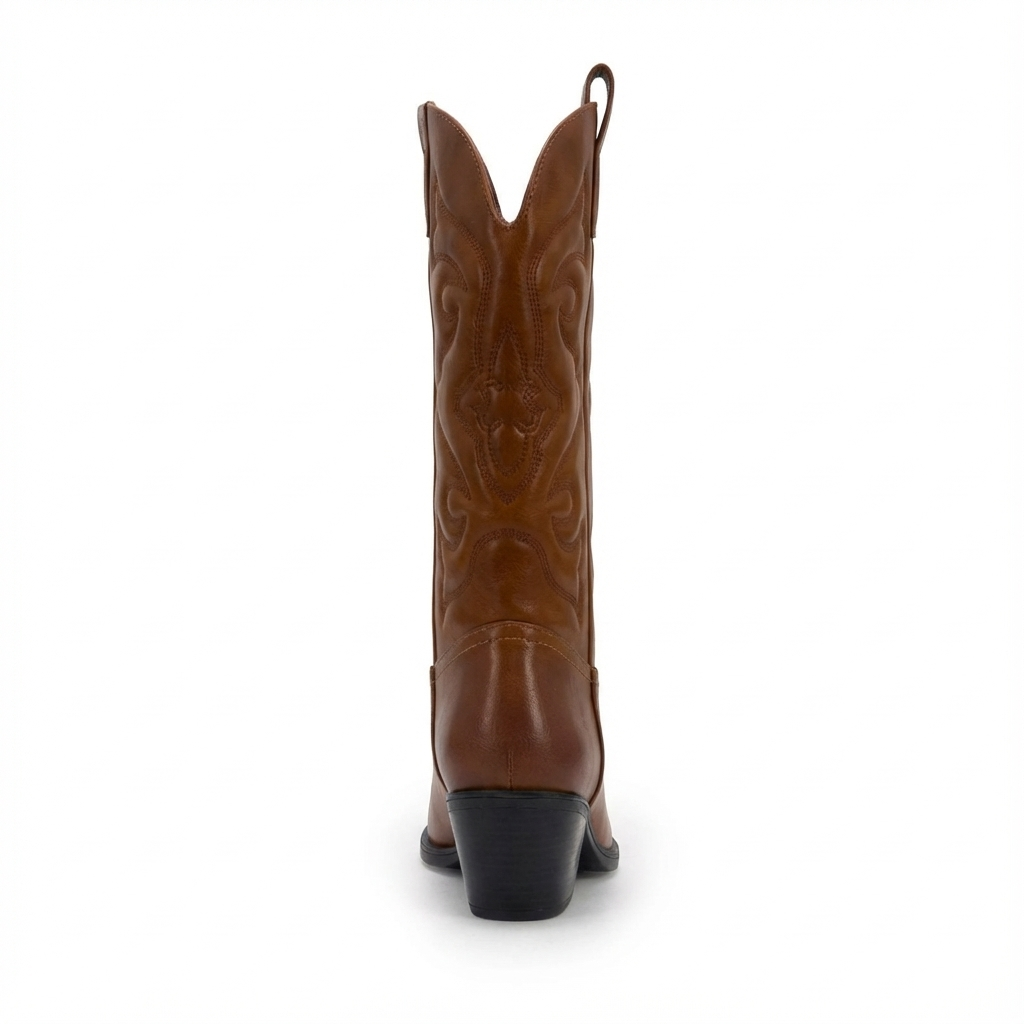 Santiag mi-haute marron Simili Cuir Femme - Bout pointu, broderies