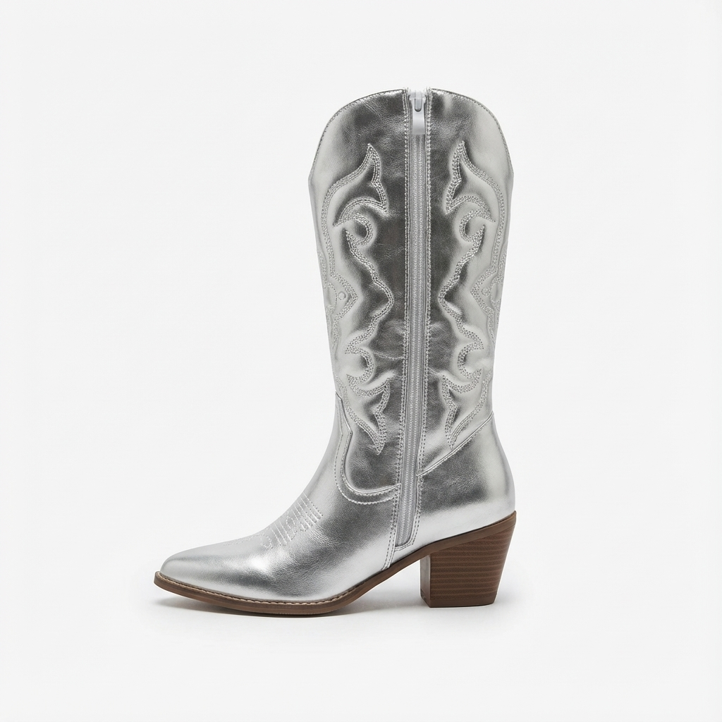 Santiag mi-haute argenté Simili Cuir Femme - Broderies western