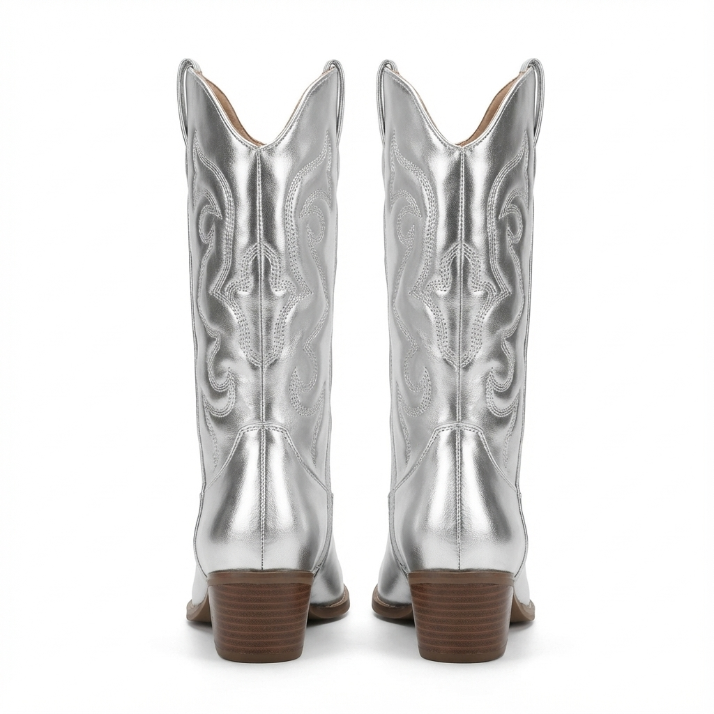 Santiag mi-haute argenté Simili Cuir Femme - Broderies western