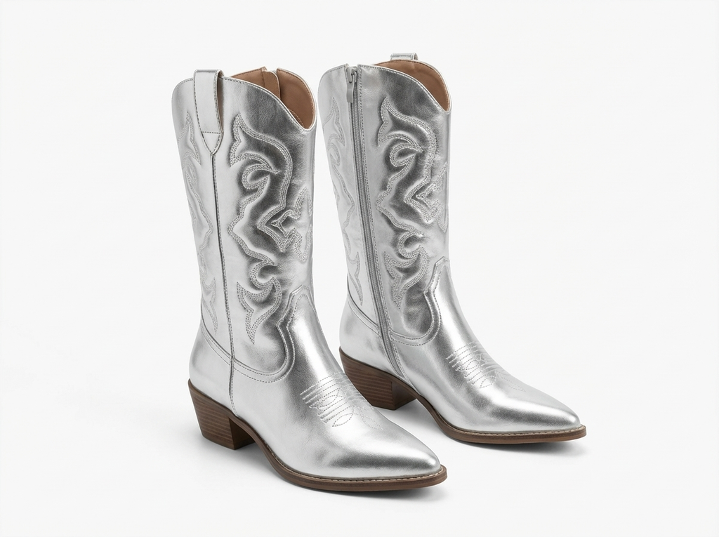 Santiag mi-haute argenté Simili Cuir Femme - Broderies western