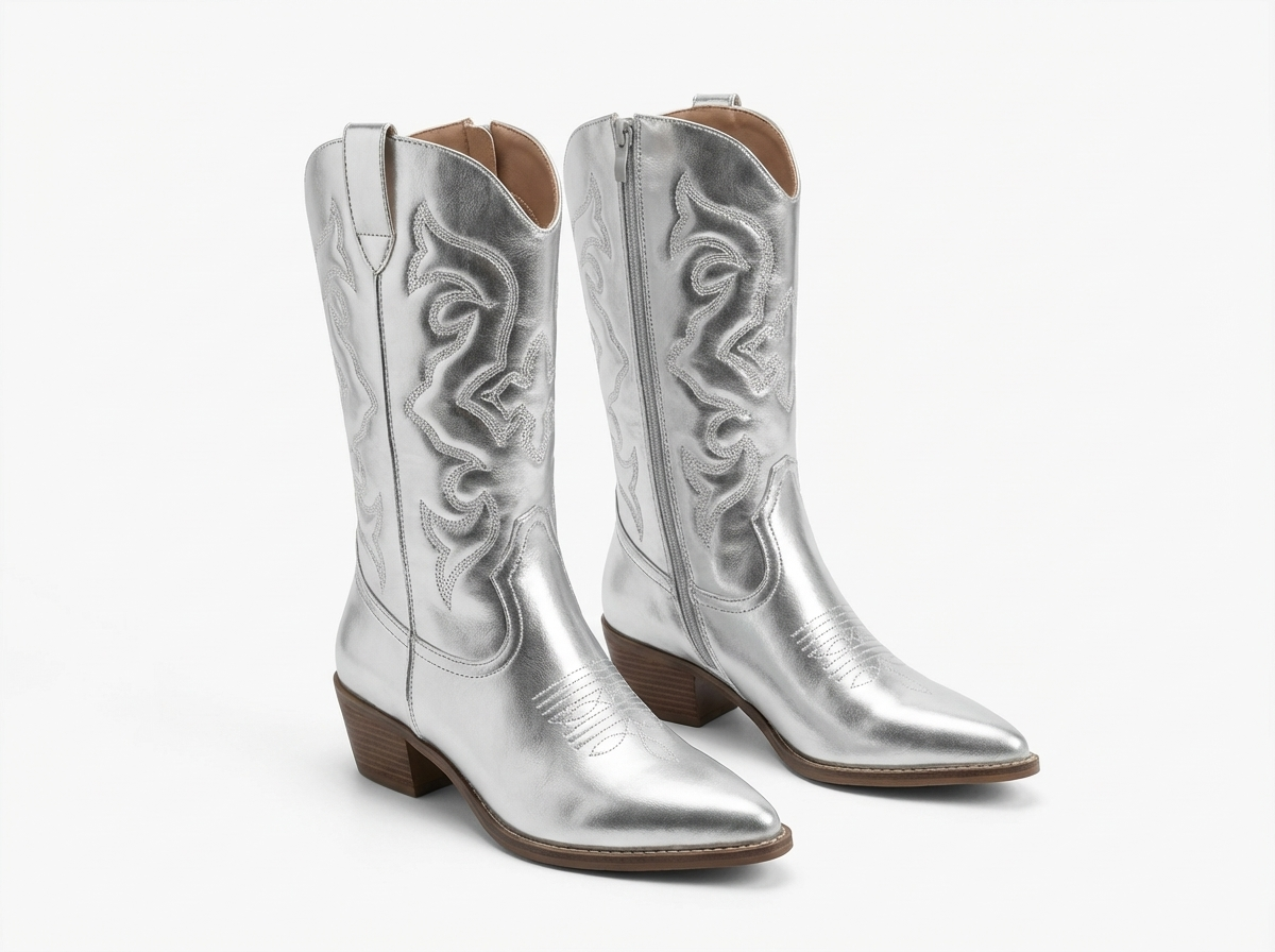 Santiag mi-haute argenté Simili Cuir Femme - Broderies western