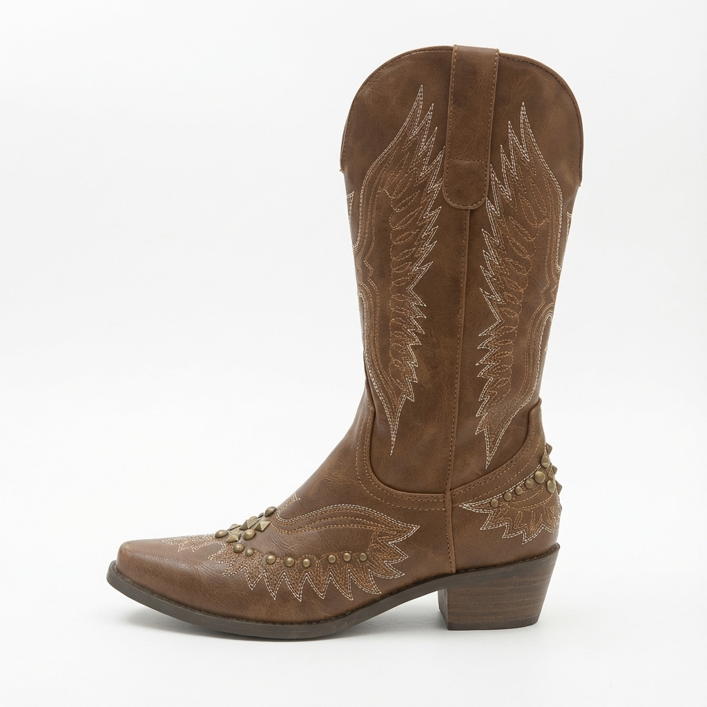 Santiag haute marron Simili Cuir Femme - Broderies florales, clous