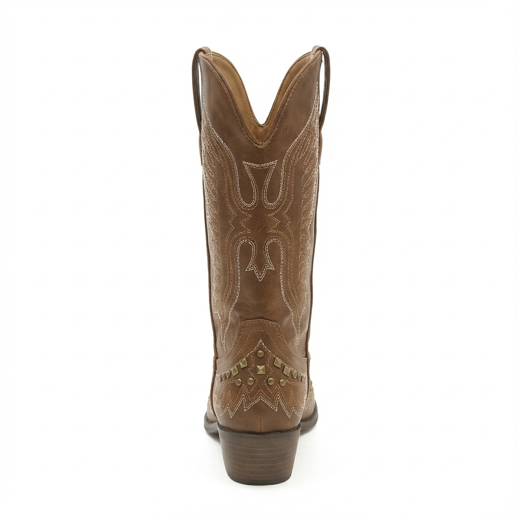 Santiag haute marron Simili Cuir Femme - Broderies florales, clous