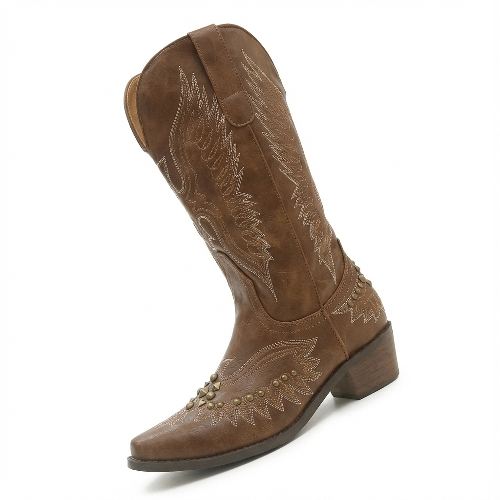Santiag haute marron Simili Cuir Femme - Broderies florales, clous
