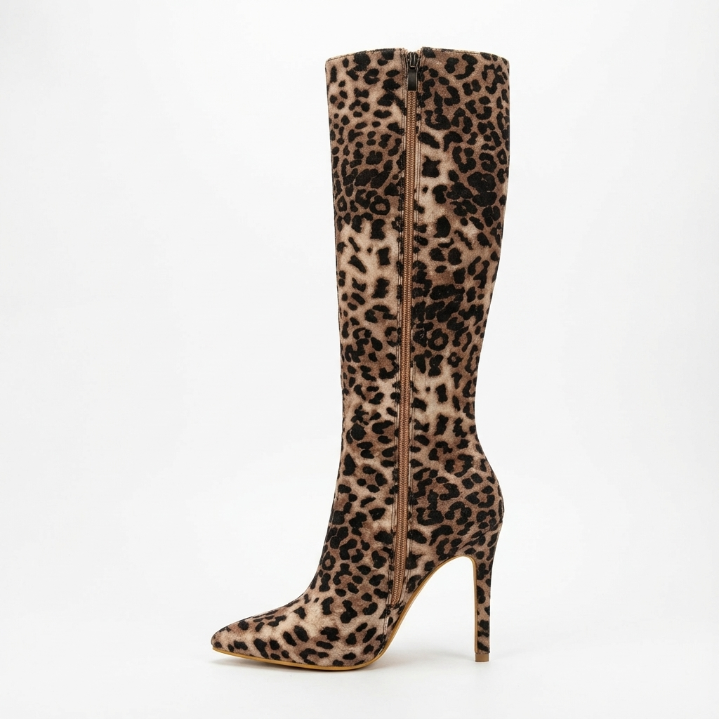 Botte haute marron Simili Cuir Femme - Motif léopard