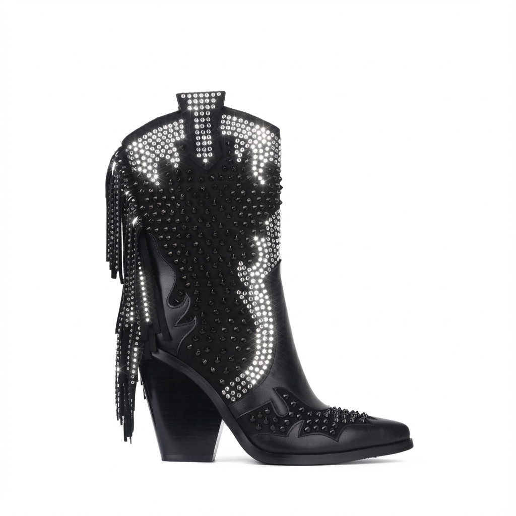 Santiag haute noir Simili Cuir Femme - Franges, clous