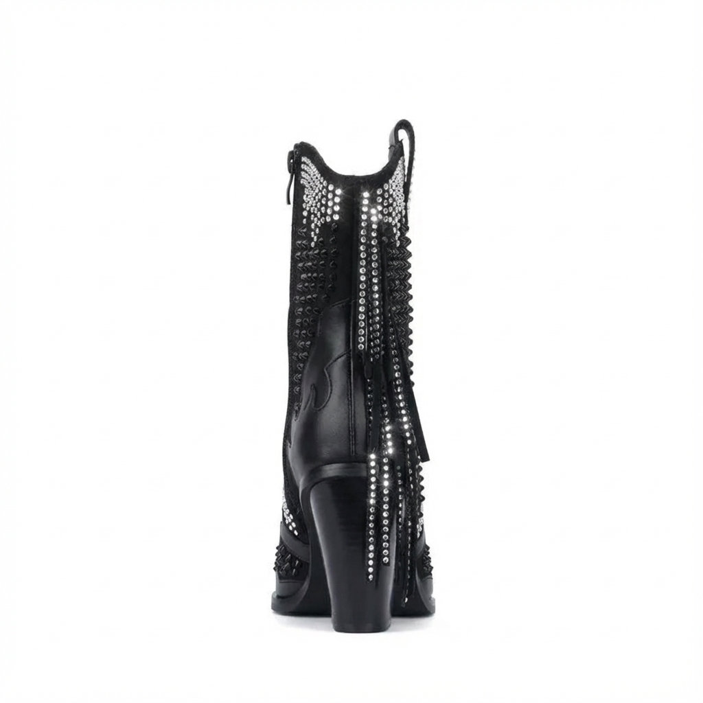 Santiag haute noir Simili Cuir Femme - Franges, clous