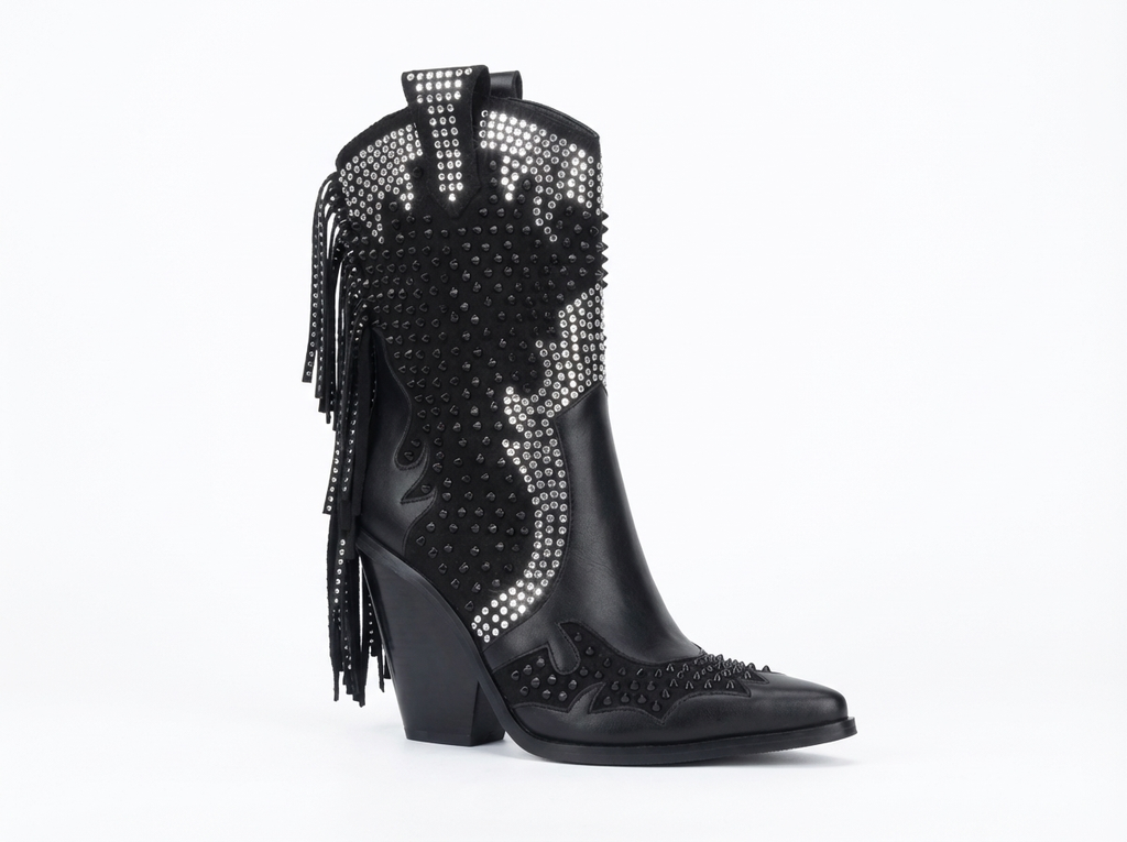 Santiag haute noir Simili Cuir Femme - Franges, clous