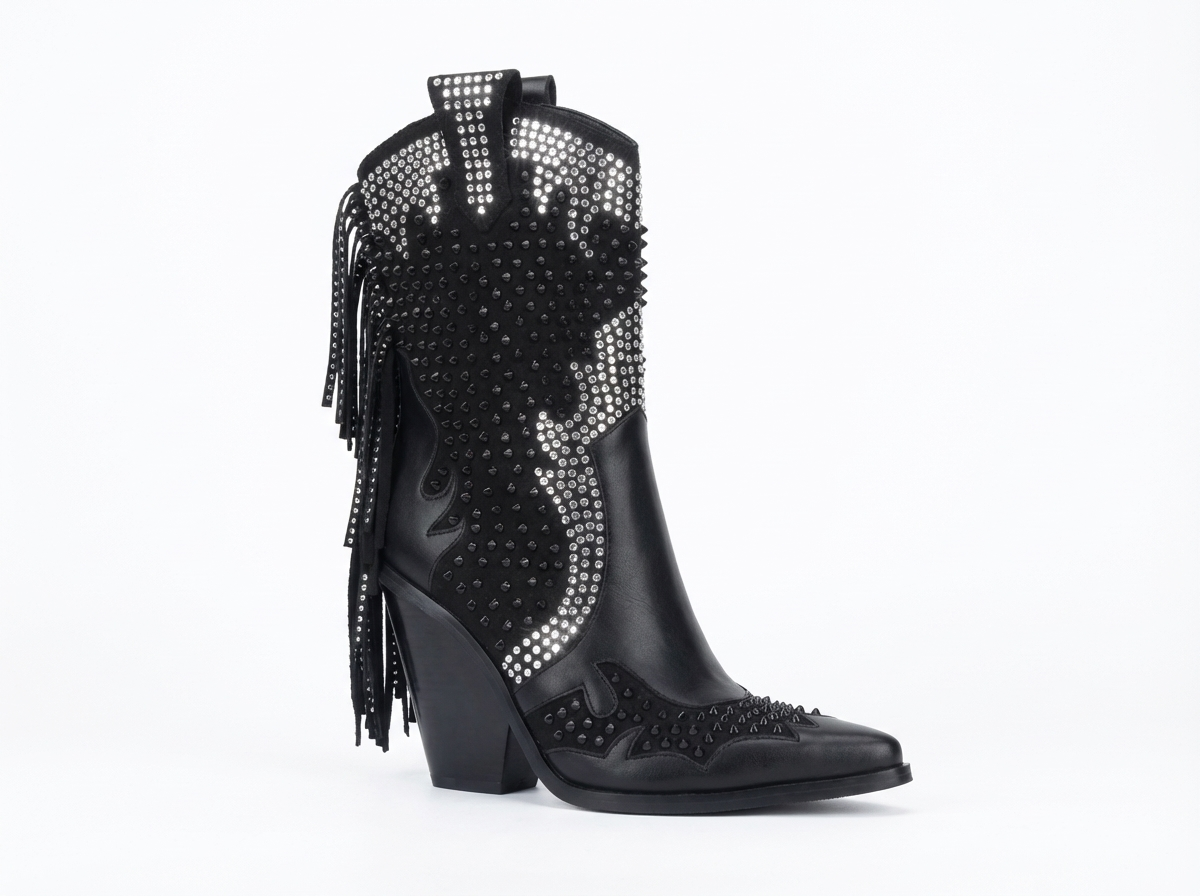 Santiag haute noir Simili Cuir Femme - Franges, clous