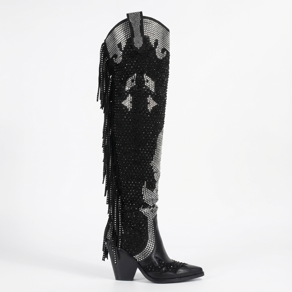 Santiag haute noir Simili Cuir Femme - Brillant, franges