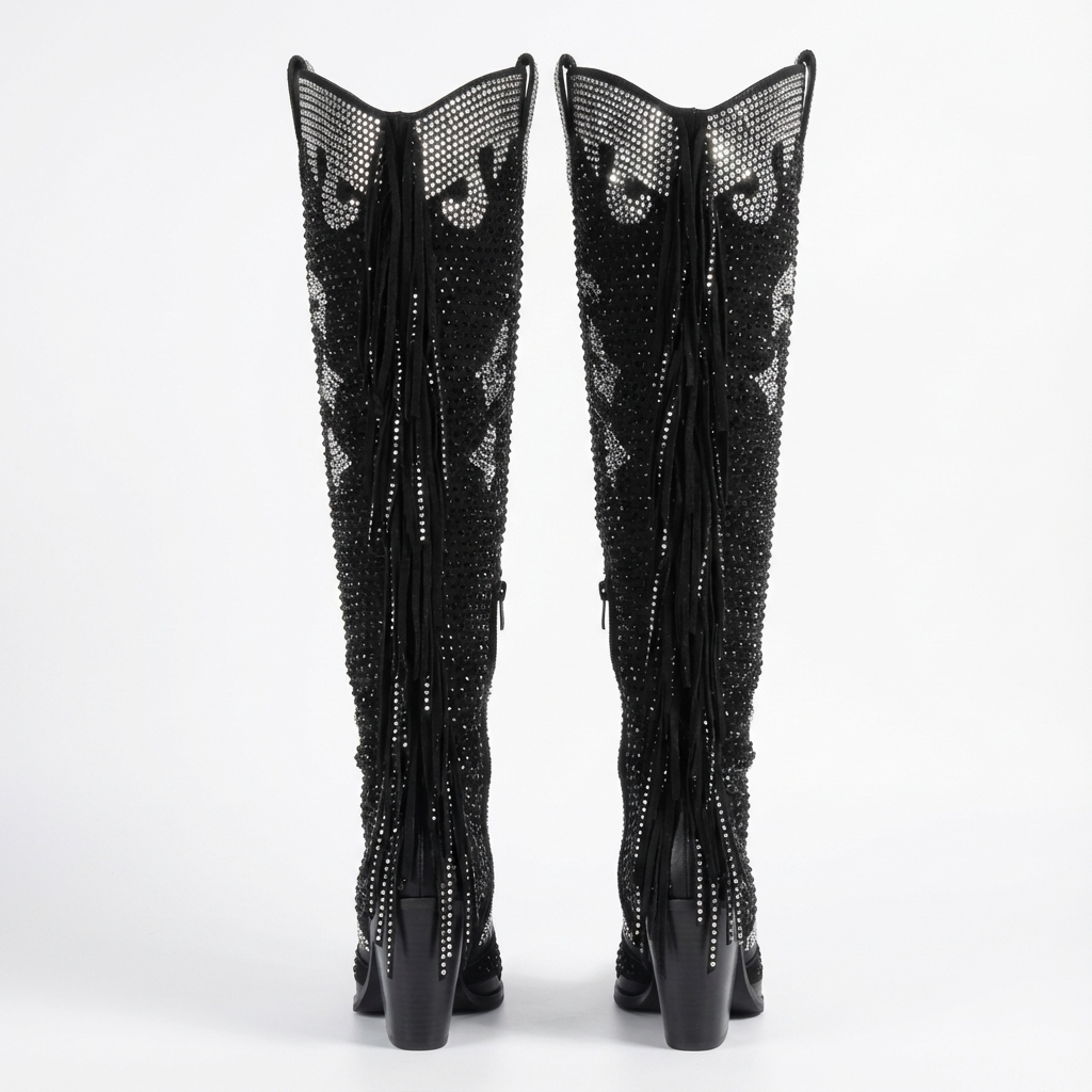 Santiag haute noir Simili Cuir Femme - Brillant, franges