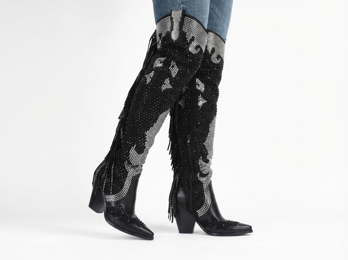 Santiag haute noir Simili Cuir Femme - Brillant, franges
