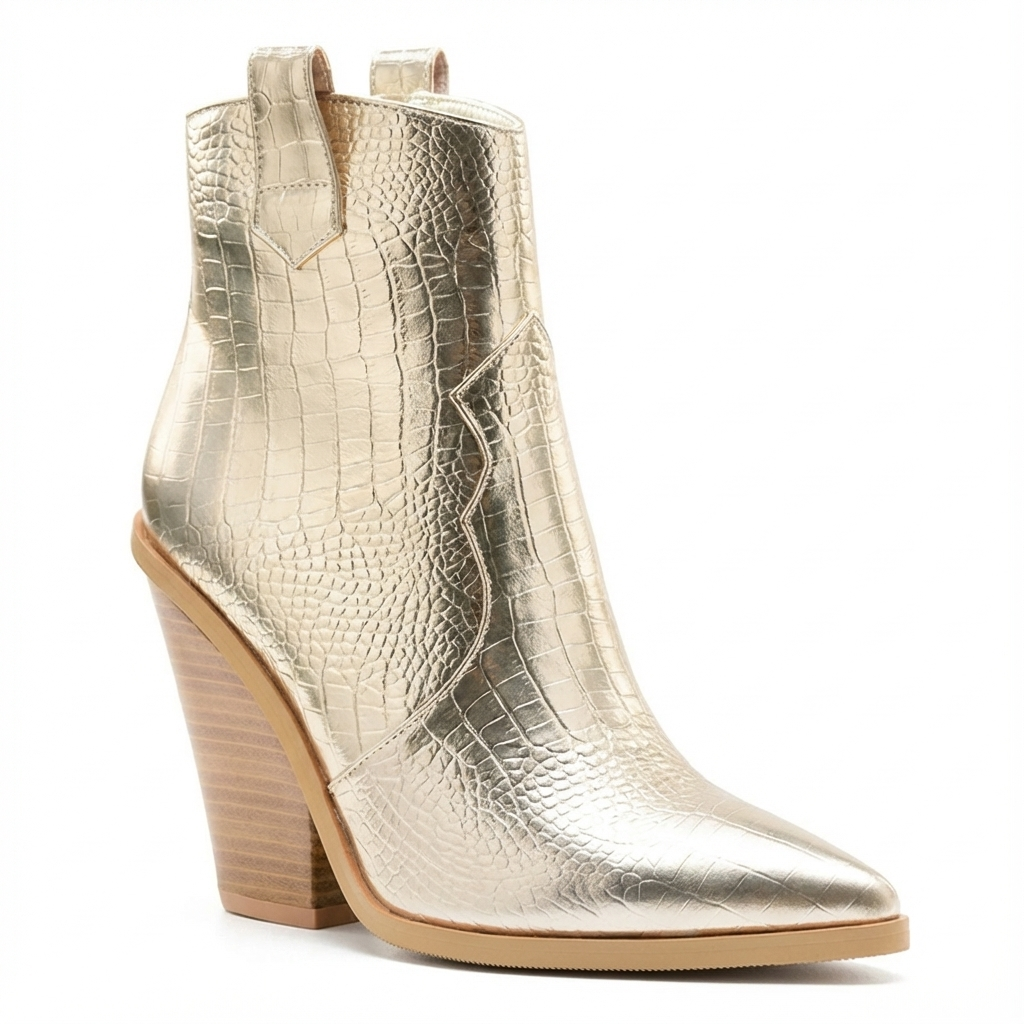 Santiag mi-haute doré Synthétique Femme - Motif crocodile