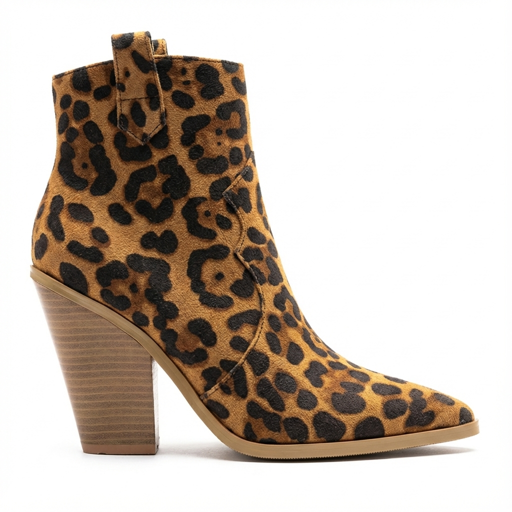 Santiag mi-haute camel Simili Cuir Femme - Motif léopard, talon épais