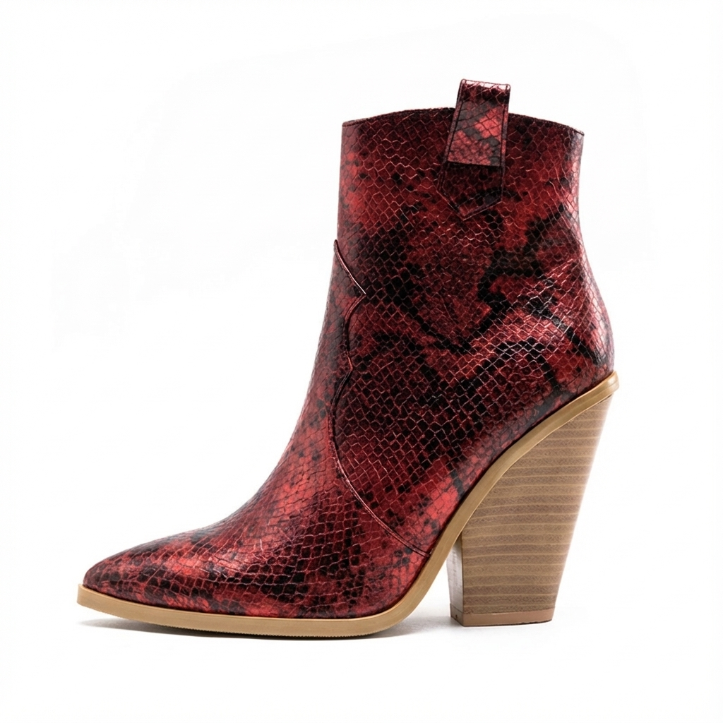 Santiag mi-haute rouge Simili Cuir Femme - Motif python, bout pointu