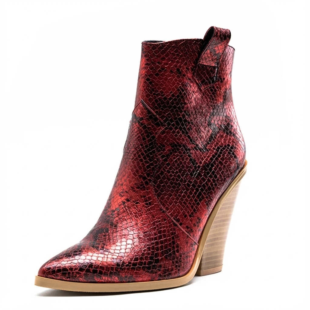 Santiag mi-haute rouge Simili Cuir Femme - Motif python, bout pointu