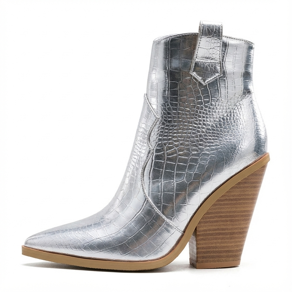 Santiag mi-haute argenté Simili Cuir Femme - Bout pointu, effet crocodile