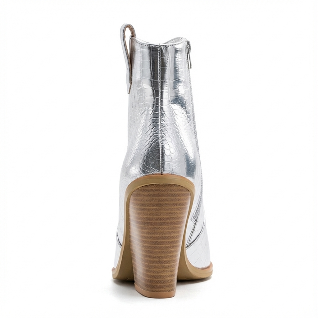 Santiag mi-haute argenté Simili Cuir Femme - Bout pointu, effet crocodile