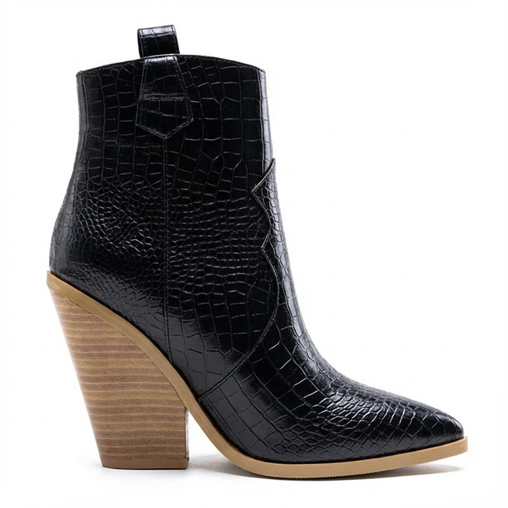 Santiag mi-haute noir Simili Cuir Femme - Motif crocodile, boucle