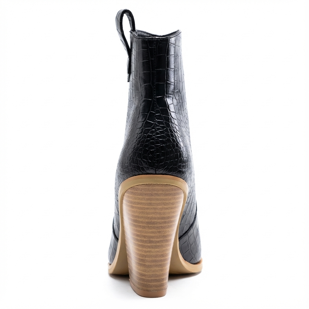 Santiag mi-haute noir Simili Cuir Femme - Motif crocodile, boucle