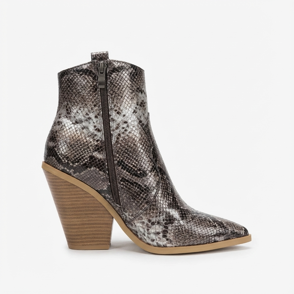 Santiag mi-haute marron Simili Cuir Femme - Motif serpent, talon bois
