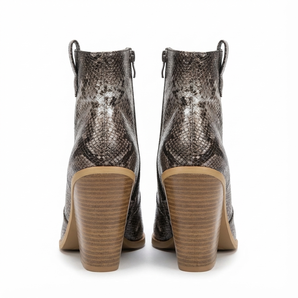 Santiag mi-haute marron Simili Cuir Femme - Motif serpent, talon bois