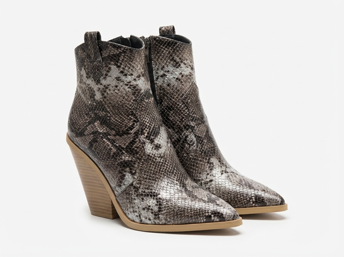 Santiag mi-haute marron Simili Cuir Femme - Motif serpent, talon bois