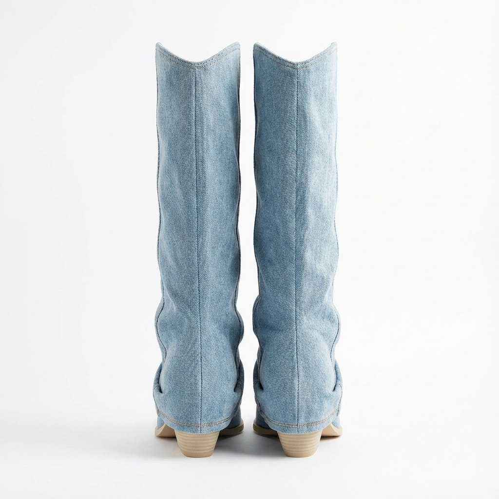 Santiag mi-haute bleu Synthétique Femme - Effet denim, bout pointu
