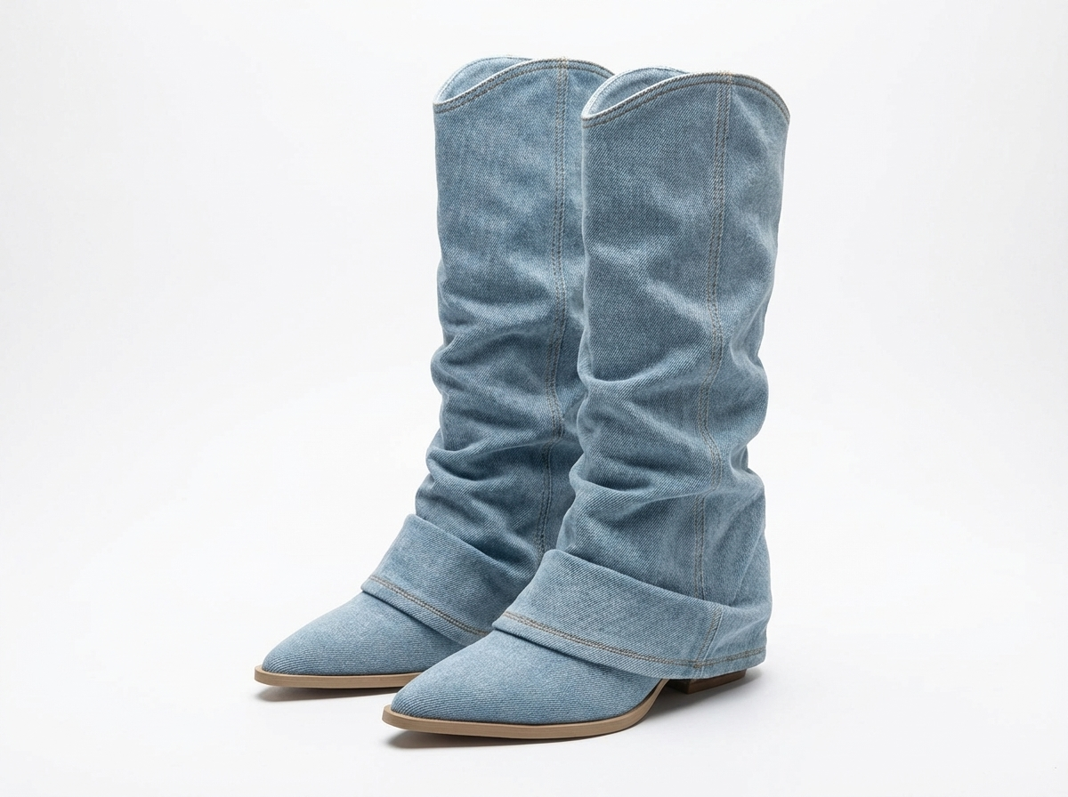 Santiag mi-haute bleu Synthétique Femme - Effet denim, bout pointu