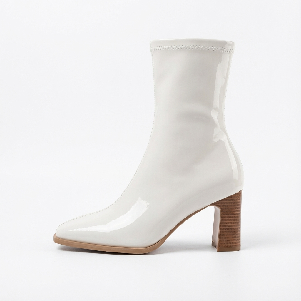 Bottine haute blanc Simili Cuir Femme - Bout carré, talon angulaire