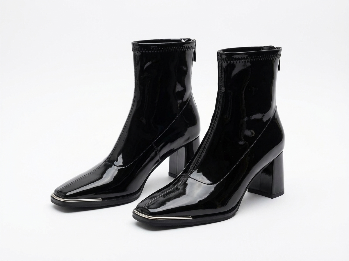 Bottine noir Simili Cuir Femme - Verni, bout carré