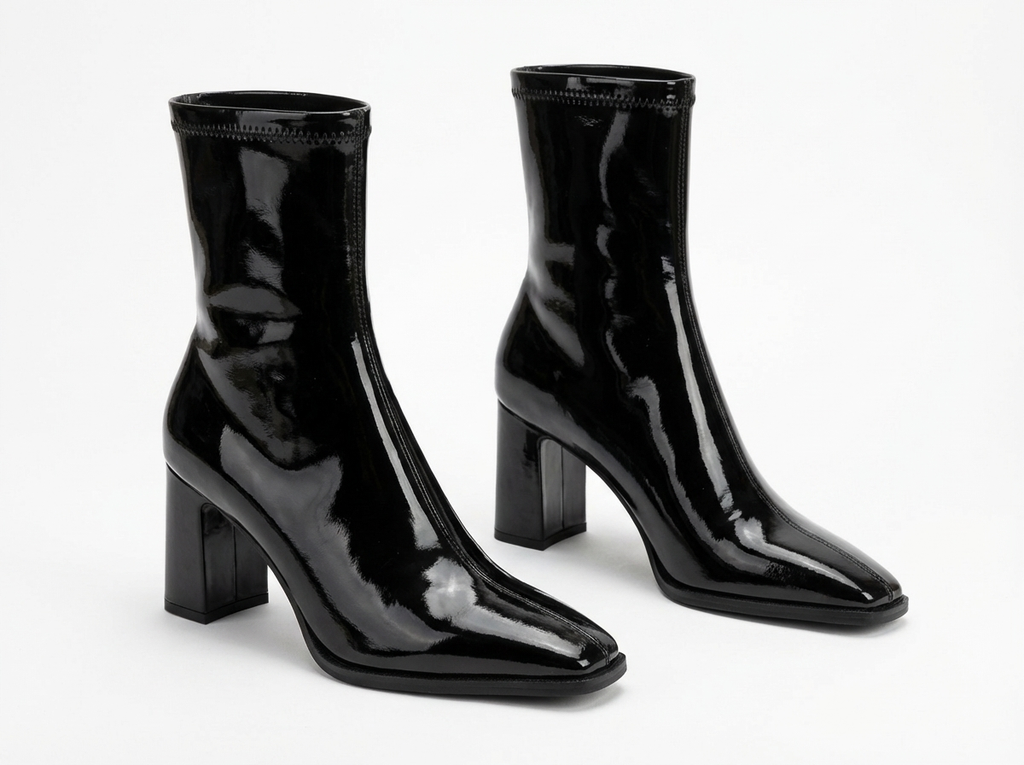 Bottine à talon noir Synthétique Femme - Verni, bout carré