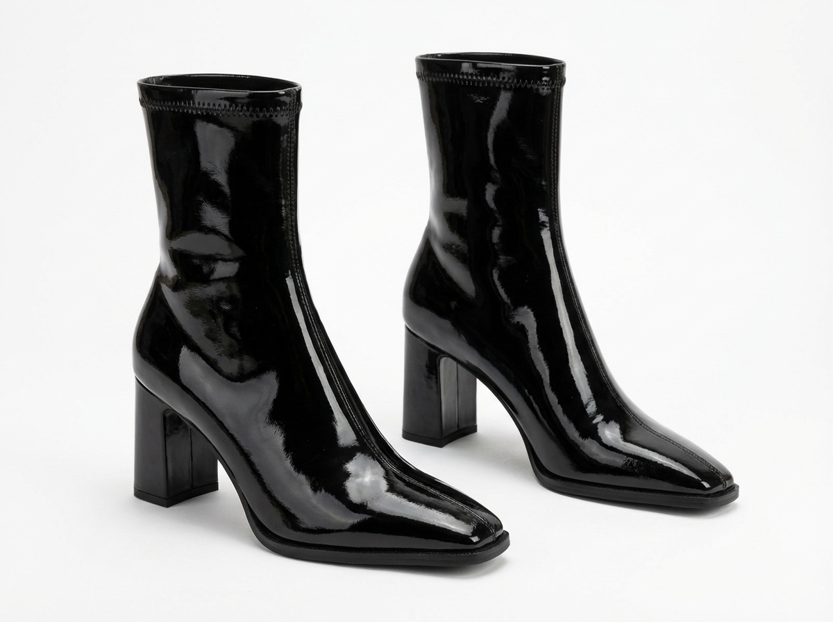 Bottine à talon noir Synthétique Femme - Verni, bout carré