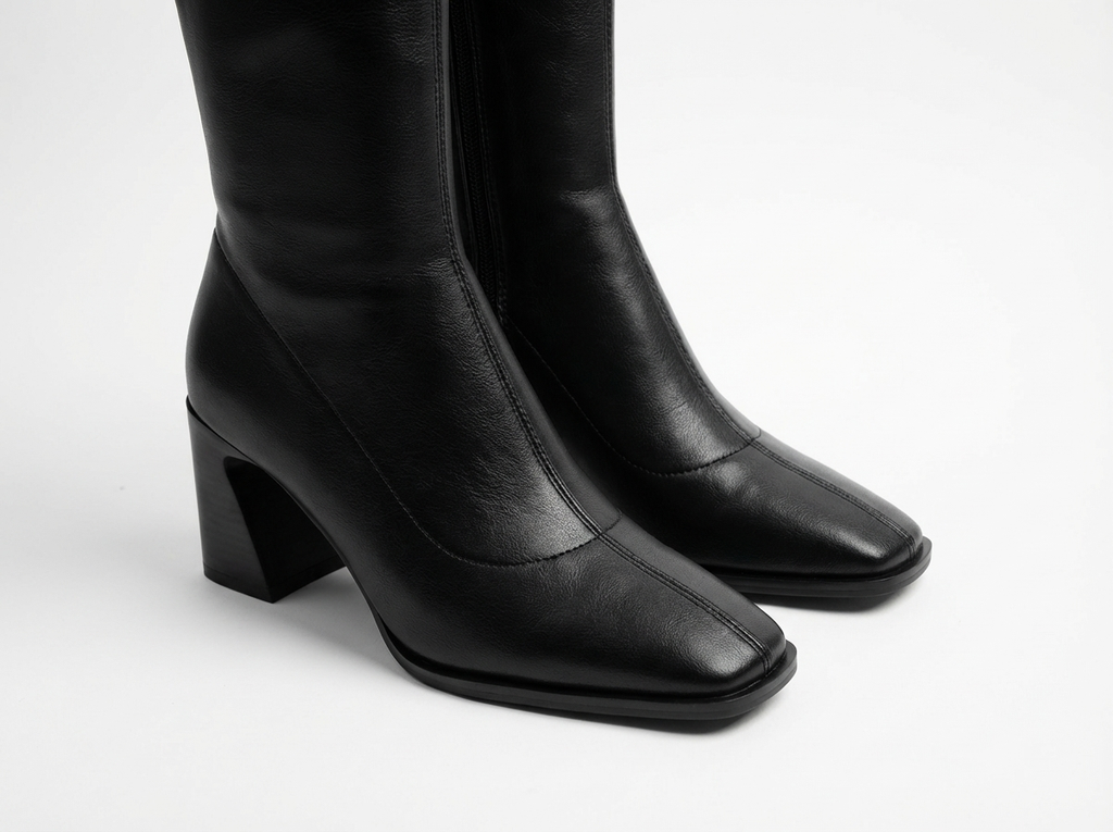 Botte haute noir Simili Cuir Femme - Bout carré